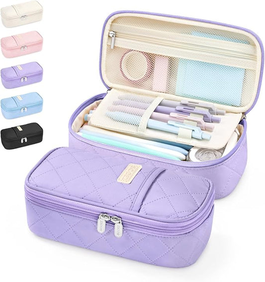 Sooez Cute Pencil Case, Soft Quilted Pencil Pouch, Large Pen Pencil Bag | Zipper Pen Case, Aesthetic Pen Pouch, Colored Stationery Storage & Organizer, School Supplies for Teen Girl Students, Purple