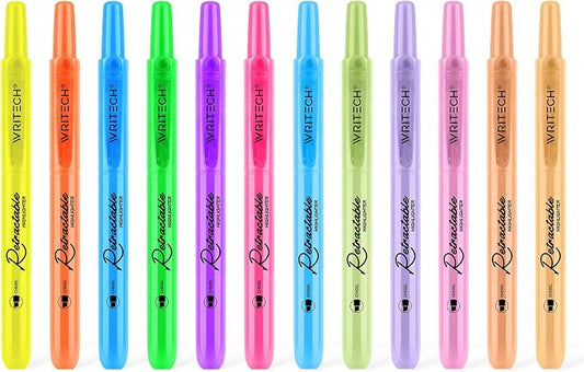 WRITECH Retractable Highlighters Assorted Colors: Chisel Tip Click Aesthetic Highlighter Marker Pens Pack Multi Colored Ink No Bleed Smear for Highlighting Journaling (12ct Neon+Pastel)