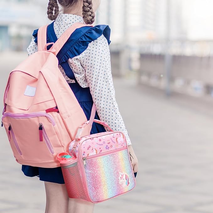 Bagseri Kids Lunch Box for Girls - Insulated Toddler Lunch Bag Fits Bento Box, Reusable Daycare Cooler Tote with Clip Handle, Water-Resistant Lining, Glitter Pink Unicorn