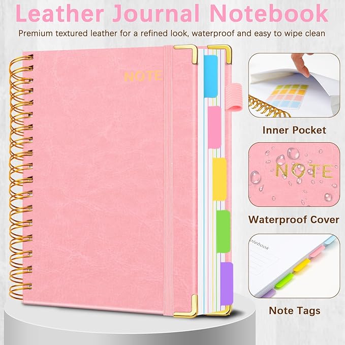 Hardcover Spiral Notebooks for Work 8.5''x 11'', 300 Pages 5 Subject Notebook with Dividers & Tabs, A4 Spiral Journal for Women, College Ruled Notebooks for School Note-Taking (Pink)