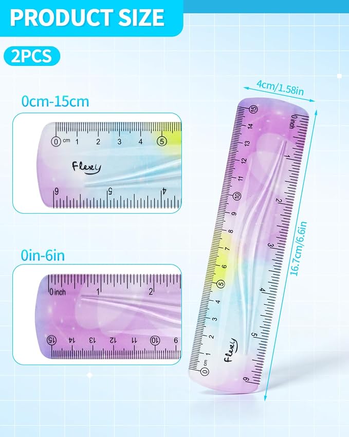 2 Pcs 6 Inch Flexible Ruler, Bendable Plastic Ruler, Gradient-Colored Flexible Rulers with Centimeters and Inches for Students, School, Classroom and Office Use