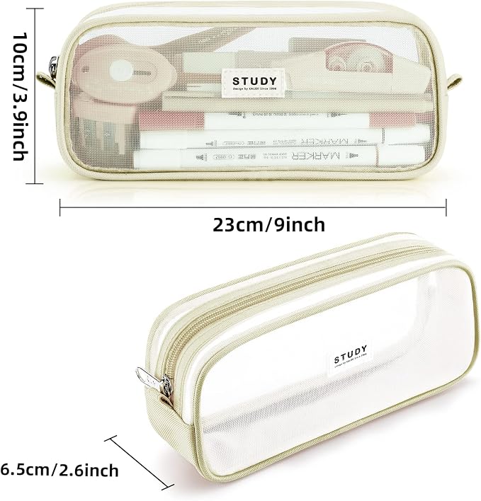 KALIDI Grid Mesh Pencil Case Pouch Large Capacity Pencil Bag with Zipper | Pencil Pouch Khaki Simple Stationery Bag Aesthetic Pen Bag for School Teen Girl Boy Multi-Purpose Bag for Office Men Women