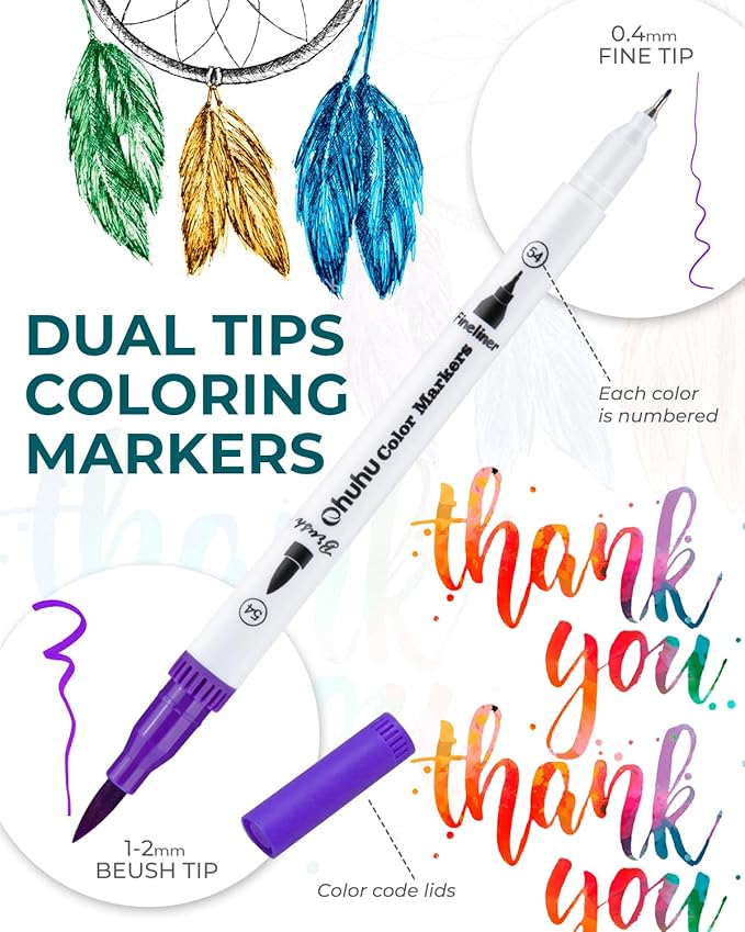 Ohuhu Markers for Adult Coloring Books No Bleeding 36 Colors Coloring Markers Water-based Dual Tips Fineliner & Brush Drawing Pens Art Pens for Kids Adults Sketch Journal - Maui - White