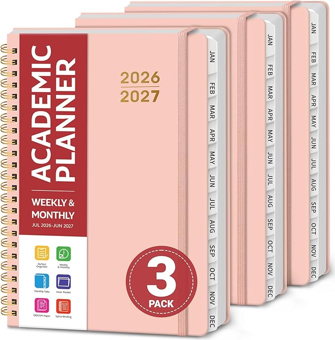 Planner 2026-2027 for Women & Men, Set of 3, Academic Monthly and Weekly Calendar Planner, Jul 2026 - Jun 2027, A5 (6.3" x 8.5"), Teacher Student Planning Book with Tabs, Ideal for Office School Supplies - 3 Pink