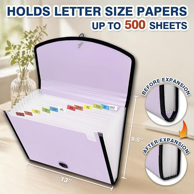 H4D 13-Pocket Accordion File Organizer with Mesh Pocket, Expanding File Folder with Tabs, Expandable Document Organizer for Home Office School, Letter Size, Pale Lilac