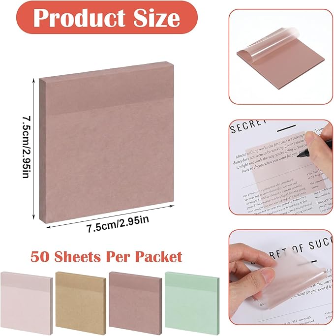 Grevosea 200 Pcs Transparent Sticky Notes 3x3 Inch, Clear PET Self-Adhesive Waterproof Note Pads, Translucent Sticky Notes for Bible Journaling Book Tabs Office School Aesthetic Decor