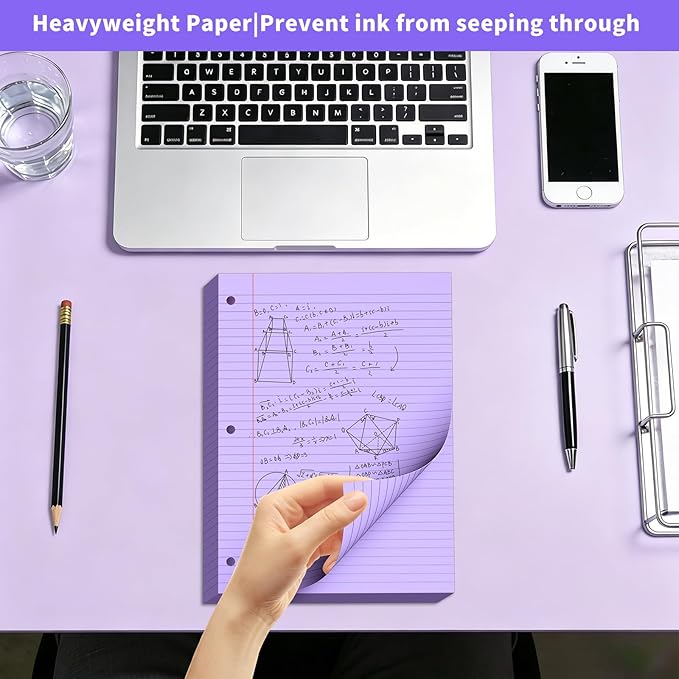 Purple Loose Leaf Paper 120 Sheets Purple Paper 8" x 10.5" College Ruled Paper Colored Notebook Paper 3-Hole Punched Lined Paper, 3 Ring Binder Paper 8 x 10.5 Filler Paper for School Office Supplies