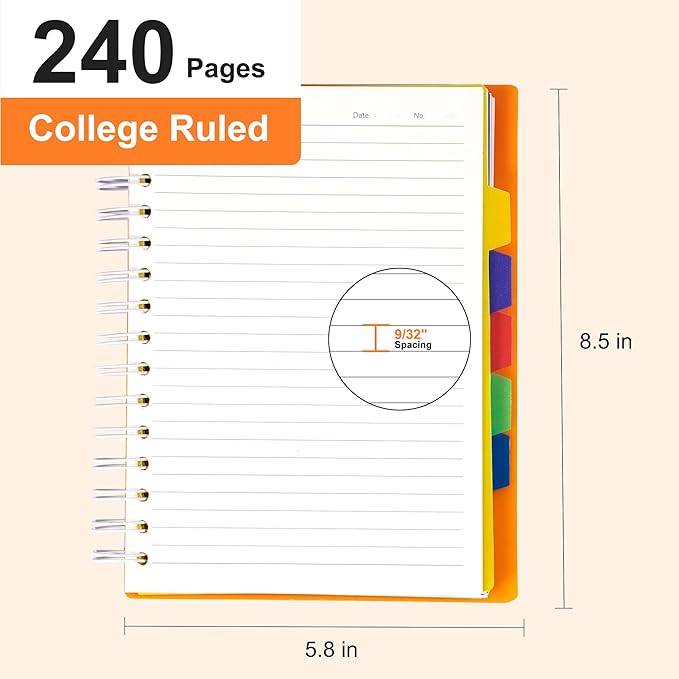 Yoment 5 Subject Notebook College Ruled Spiral Notebook 5x7 with Removable Dividers 270 Pages Notebooks for Work Multi Subject Notebook with 5 Tabs Organizer Notebook for Note Taking School, A5 Orange