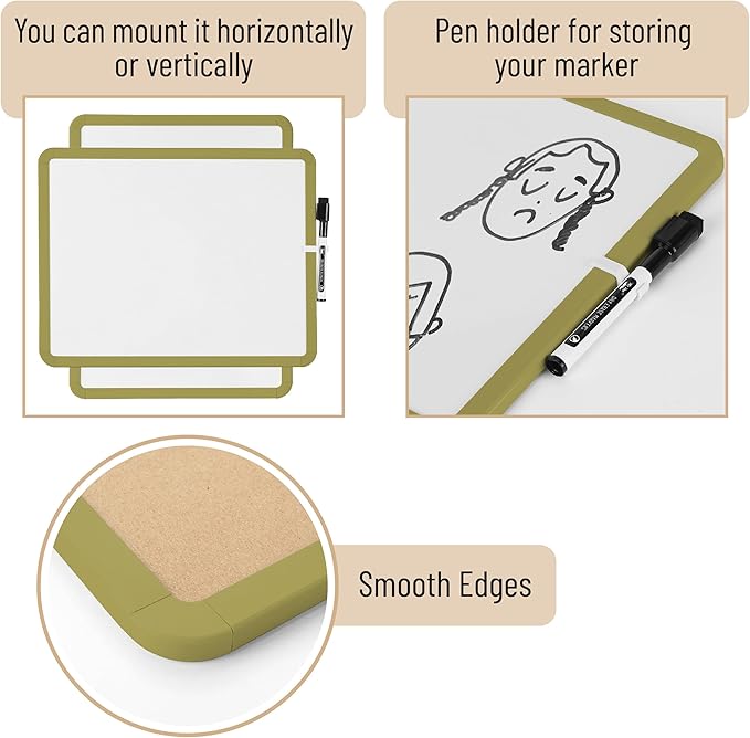 Mr. Pen- Dry Erase Board, 14” x 11” with a Black Dry Erase Marker, Olive Green Frame, Small Mini White Board for Students, Fridge, Wall, Locker, Includes Double Sided Tapes
