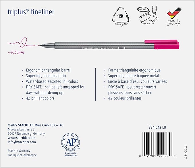 STAEDTLER triplus Fineliner 60pc Felt-Tip Pen Set: 0.3mm Assorted Colors, Water-Base Ink, Ergonomic Triangular Shape - For Detailed Coloring, Writing, Journaling & Drawing in Classroom, Home, Office