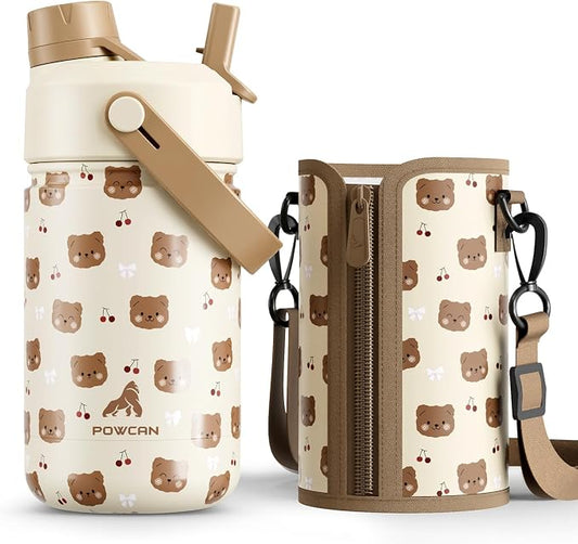 12 oz Kids Stainless Steel Water Bottle: 2-in-1 Straw Spout Lid, Leakproof, BPA-Free, Easy Clean, Keep Cold 24H, Cute Patterns, Stainless Steel Cup for School, Trip, Playtime, Gift (Snuggleberry Bear)