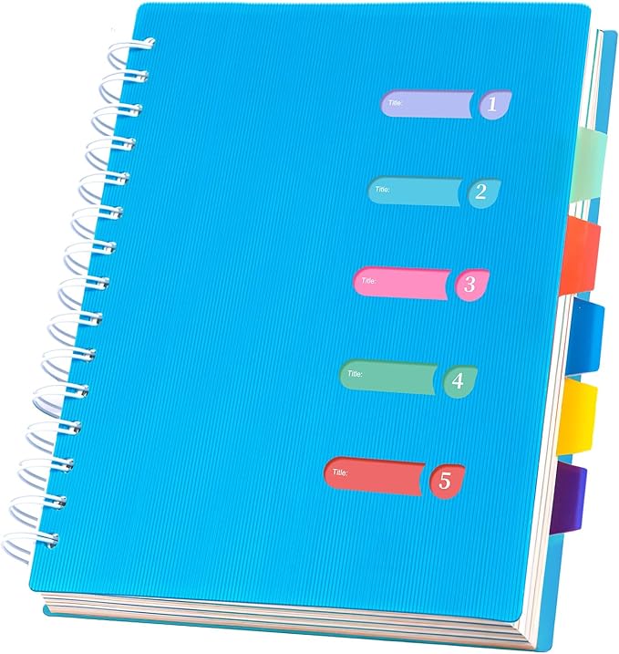 Yoment 5 Subject Notebook College Ruled Spiral Notebook 5x7 with Removable Dividers 270 Pages Notebooks for Work Multi Subject Notebook with 5 Tabs Organizer Notebooks for Note Taking School, A5 Blue