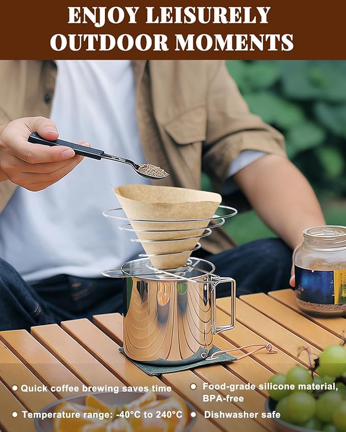 Travel Pour Over Coffee Maker, Collapsible Folding Stainless Steel Coffee Filter Holder, Travel Pour Over with Holder Bag, V02 Paper Filters for Camping, Hiking, Office