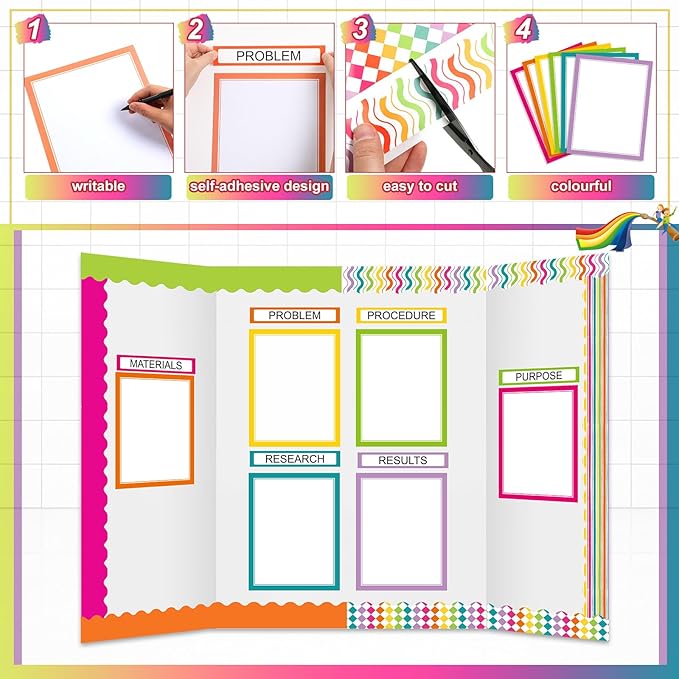 Fuyoooo 90 Pcs Science Fair Board Supplies 60 Trim Scalloped Bulletin Board Borders 24 Presentation Board Subtitles 6 Science Fair Titles for Classroom Display Boards(Colorful)