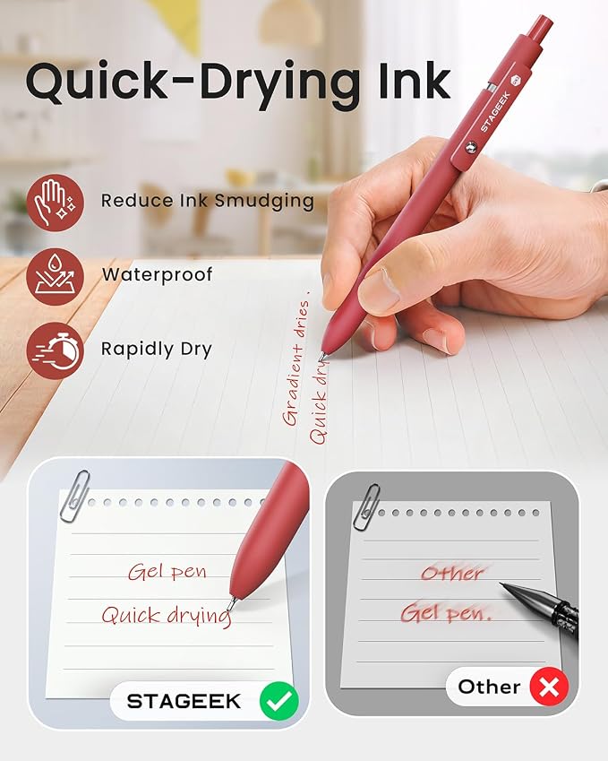 STAGEEK GX3 Red Gel Pens, 6 Pcs Quick Dry Smooth Writing Pen with 3 Refills | Red Ink Pens, 0.7mm Fine Point, Retractable, Office, School Supplies, Journaling & Note Taking, for Nurses, Teachers