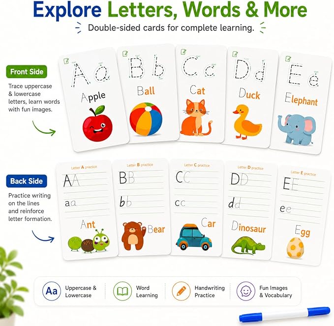 Write & Wipe Activity Cards for Kids, Reusable Tracing Flash Cards, Preschool Handwriting Practice Set, Letter Number Math Learning Activities Ages 3-6 (Letter Tracing)