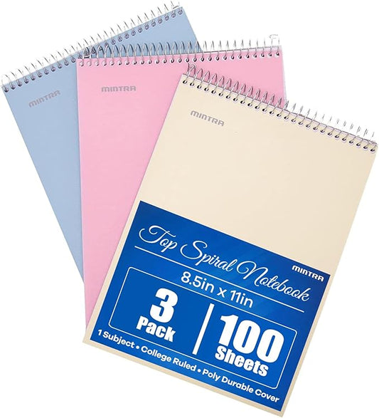 Mintra Office TOP BOUND Durable Spiral Notebooks (Spring Pink, Arctic Ice, Sun Yellow, College Ruled 3pk)