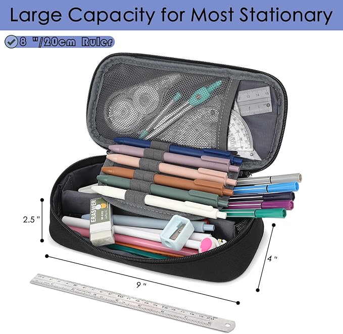 FlowFly Large Capacity Pencil Case for Kids, Boys & Girls – Zippered Multi-Functional Pen Pouch, Soft & Portable Pencil Bag for School, Teens, Students, Black