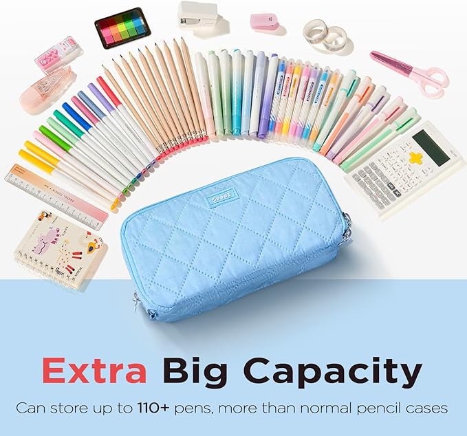 Sooez Large Pencil Case Pouch, Extra Big Pencil Bag with 8 Compartments, Pen Bag Wide Opening, Soft Quilted Pencil Pouch Organizer with Zipper, Portable Pencil Case for Teen Girls, Dark Blue
