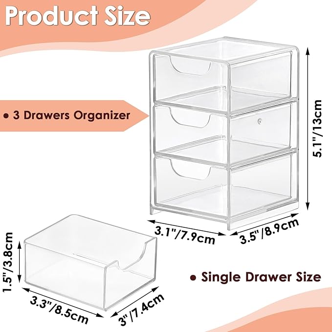 BTSKY 2 Pack Small Acrylic Storage Organizer with Drawers, 3-Layer Clear Desktop Organizer for Office Supplies Mini Storage Box with Drawers for Desk, Desktop Makeup Drawer Jewelry Storage Box