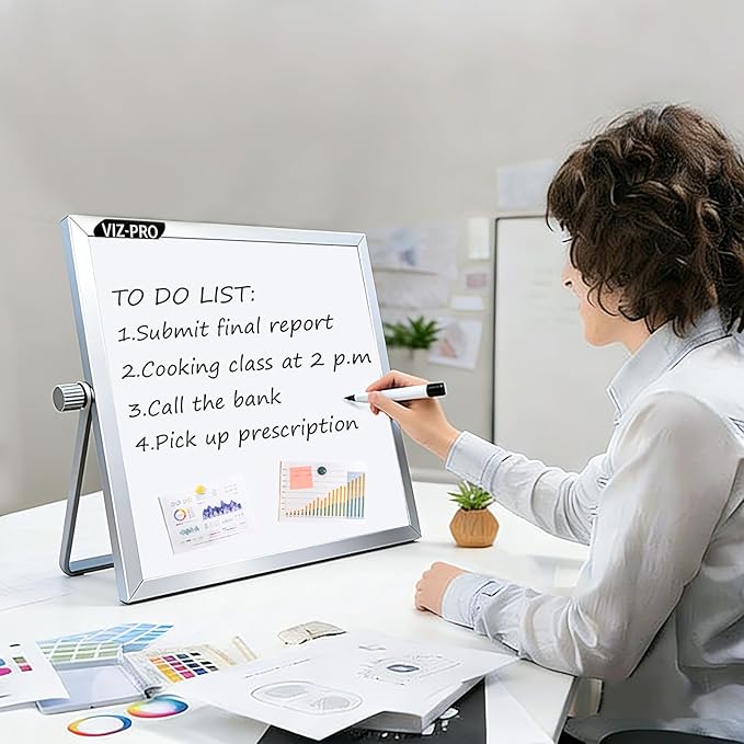 VIZ-PRO Small Desktop Dry Erase Board/Portable Whiteboard Easel 10 x 10 Inches with 2 Markers