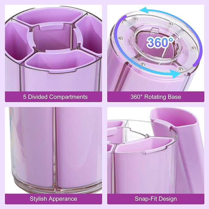 Comix 360° Rotating Pen Holder for Desk, Cute Pencil Holder Pen Organizer, Purple Acrylic Pencil Cup Caddy with 5 Slots for Home School Office Supplies