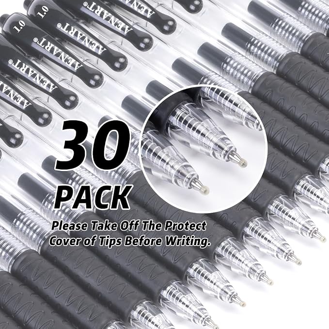 Aen Art Gel Pens, 30 Pack Black Gel Pen Fine Point, Retractable Gel Ink Rollerball Pens for Smooth Writing (1.0mm)
