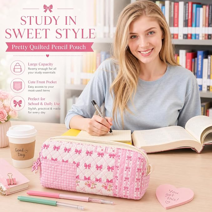 Cute Quilted Pencil Case for Women, Aesthetic Small Floral Pencil Pouch, Slim Soft Pencil Bag for Stationery Supplies & Daily Use（Pink Bow Patchwork）