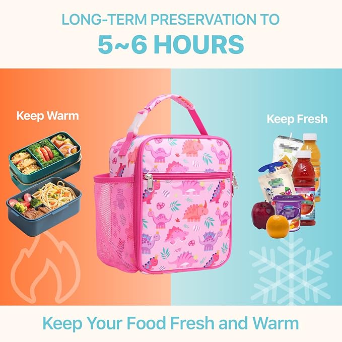 Bagseri Kids Lunch Box for Girls - Insulated Toddler Lunch Bag Fits Bento Box, Reusable Daycare Cooler Tote with Clip Handle, Water-Resistant Lining, Pink Dinosaur