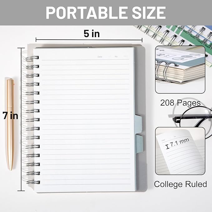 FLYING EAGLE Small 5 Subject Notebook College Ruled Spiral Notebook 5x7 with Dividers Tabs Waterproof Plastic Cover Thick Paper Notebooks for Work School, Grey