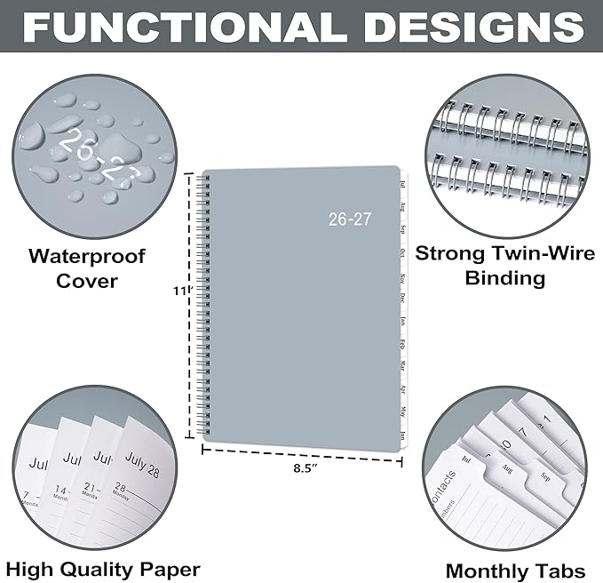 2026-2027 Planner - 2026-2027 Planner Weekly and Monthly from July 2026 to June 2027, Academic Planner with Spiral Bound, Inner Pocket, 8.5'' x 11'', Grey