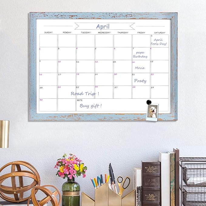 Dry Erase Monthly Calendar Whiteboard,10.6"x 14.6" Small Magnetic White Board for Wall, Hanging Board for Office/School/Home, Solid Pine Wood Frame (Blue)