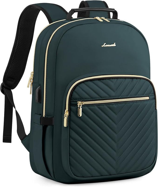 LOVEVOOK Laptop Backpack Purse for Women, Work Business Travel Computer Bags, College Nurse Backpack for Womens, Quilted Casual Daypack with USB Port, Fit 15.6 Inch Laptop, Deepgreen