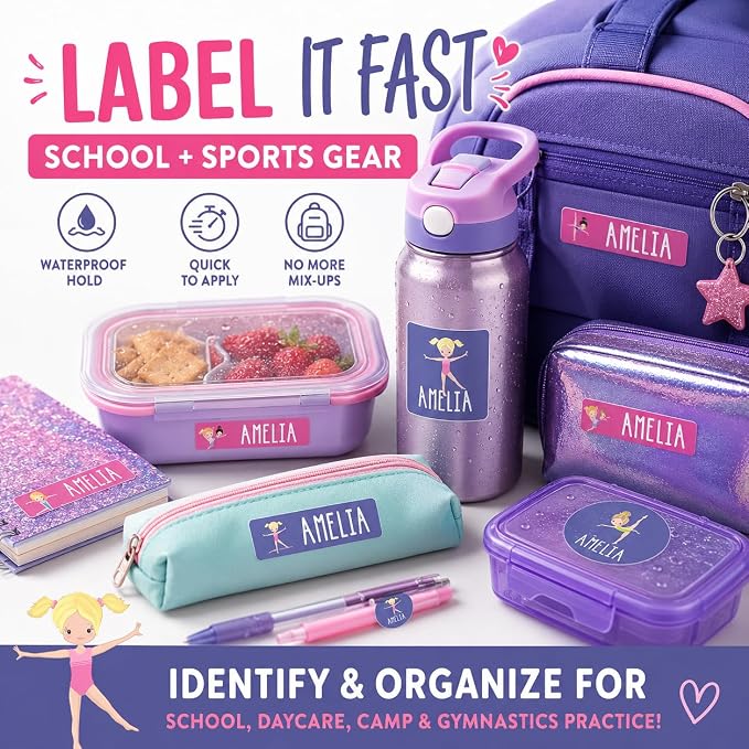 Andaz Press Custom Personalized Waterproof School Name Labels, Gymnastics, 120-Pack, Kids Labels Combo Pack, Customizable Multi-Use Name Stickers for Preschool, Daycare, Supplies, Office, Camping
