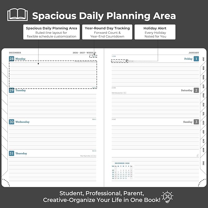 Planner 2026-2027 Daily Weekly and Monthly,8.5"x6.5",18 Months Spiral Bound Calendar Agenda with Self-adhesive Pen Holder,2026 Academic Plan with Vegan Leather Soft Cover,Black
