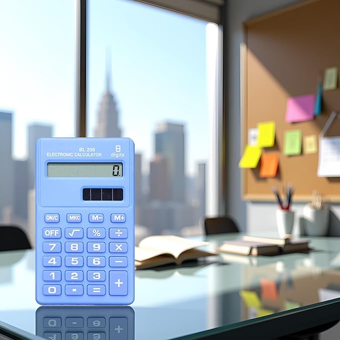 Blue Basic Standard Calculators Mini Digital Desktop Calculator, Solar Power Smart Calculator Pocket Size Basic Office for Home School Office
