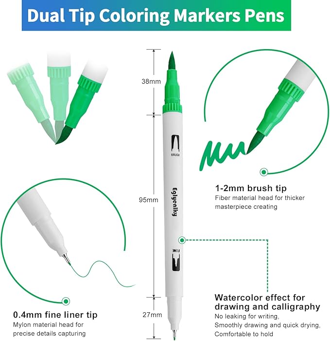 Eglyenlky Markers for Coloring Book Adults Relaxation, Dual Tip Brush Pens with 100 Watercolor Fine Tip Markers and Brush Pens for Kids Coloring