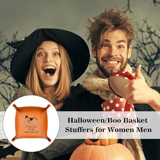 Boo Basket Stuffers for Women Men Spooky Basket Stuffers for Adults Weird Dark Romance National Girlfriends Day Gifts from Boyfriend Anniversary Leather Gifts for Couple Husband Wife Leather Tray