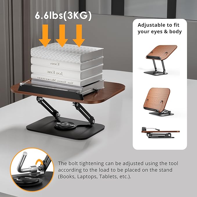 SupeDesk Book Stand for Reading, Adjustable Book Holder with 360° Rotating Bases, Foldable Designs, and Elastic Clips, Multifunctional Display Stand for Recipe, Cookbooks, Magazines, Tablets, Laptops
