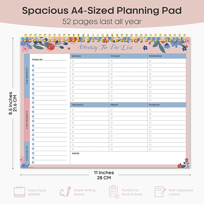 Taja Weekly To Do List Notepad with 52 Undated Sheets（8.5"×11"）- Weekly Desk Planner for Women & Man, Work and Home - 1 Pack Spring Blossom