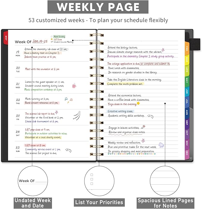 EMSHOI Undated Planner, Weekly and Monthly Calendar, 53 Weeks and 12 Months, A5 (6.38" x 8.35"), 100GSM Thick Paper, PVC Cover, Monthly Tabs, Note Pages, Start Anytime