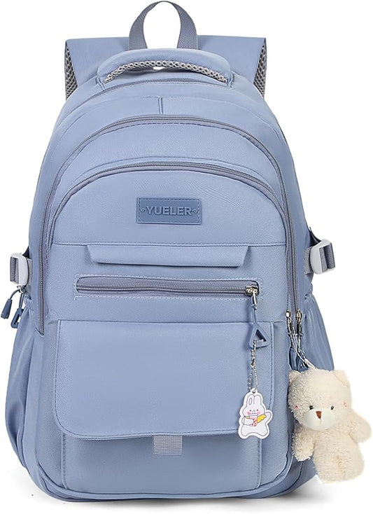 PRLINJSK Girls Backpack for College High Middle School Student, Cute Aesthetic Bookbag for Teens Women with Accessories,Blue