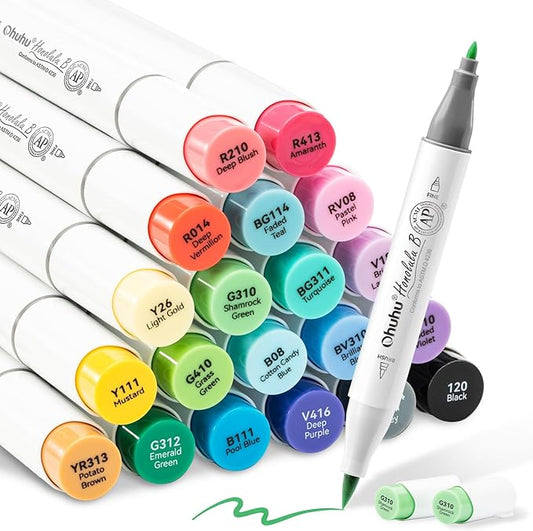 Ohuhu Alcohol Markers Brush Tip, AP Certificated 24 Basic Colors Double Tipped Alcohol Based Art Marker Set for Artist Sketching Adult Coloring Illustration - Brush and Fine Dual Tips - Honolulu B