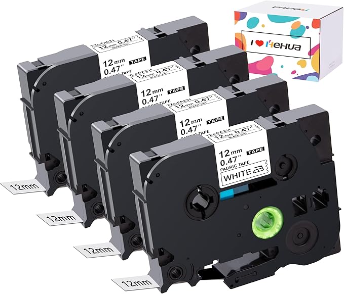 Hehua Compatible Iron-on Clothing Label Tape Replacement for Brother TZe-FA231 TZeFA231 Fabric Label Black on White 12mm x 3m Work for P-Touch PT-D210 PT-D400 PT-H100 PT-D200 Labelmakers, 4 Pack