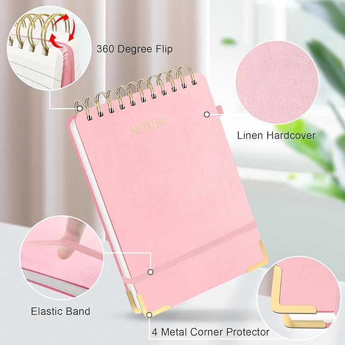 Aesthetic Top Spiral Notebook, A5 Linen Hardcover Top Bound Steno Pads, 240 Pages 100gsm Thick Lined Paper Left Handed Notebook Journal for Work, School, Church Writing - Pink, 5.9" x 8.5"