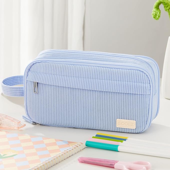Sooez High Capacity Pencil Case, Soft Corduroy Pencil Pouch with 4 Compartments, Multiple Pockets, Large Pencil Bag with Sturdy Zipper, Cute Pencil Case Pouch Organizer for Student Teen Girls, Beige