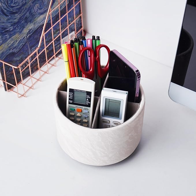 Round Leather Art Supply Organizer,Remote Control Holder,360 Degree Spinning,Multi-Functional Pencil Holder,4 Compartments Desktop Stationary Organizer(1-Hill White)