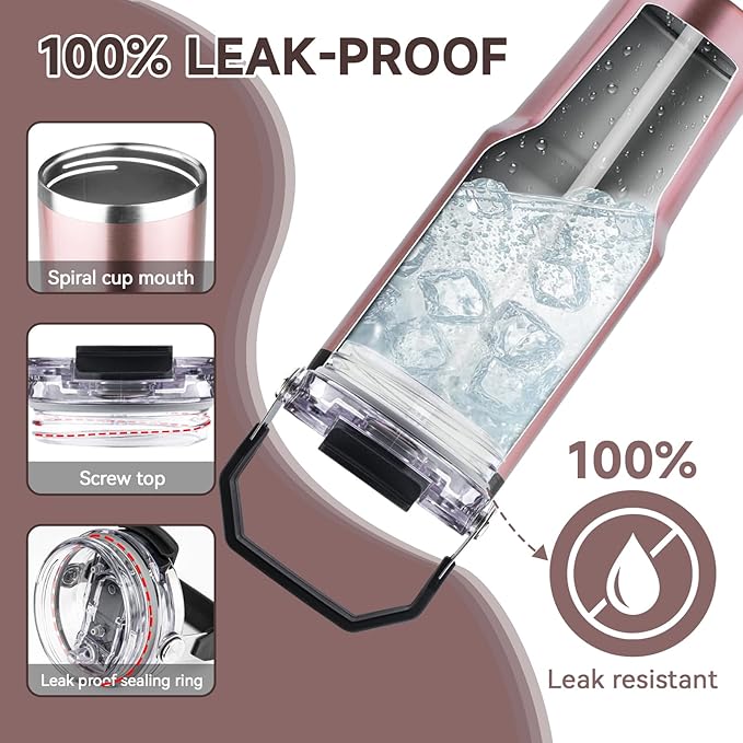 30oz Tumbler with Handle and Flip Straw Lid Double Wall Insulated Travel Coffee Mug Stainless Steel Vacuum Insulated Coffee Tumbler Cup for Hot and Cold Beverages,Leak-proof&BPA-free（30oz,Rose gold）