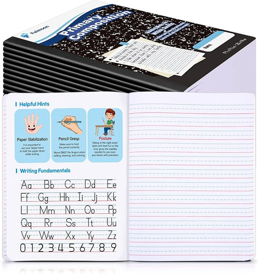 Fulmoon 24 Pack Primary Composition Notebook,Grade K-2 Journal Wide 3 Line Ruled,80 Pages,Marble Cover,7-1/2" x 9-3/4" Primary Writing Notebook for Kindergarten Preschool,1st 2nd Grad (Black Color)