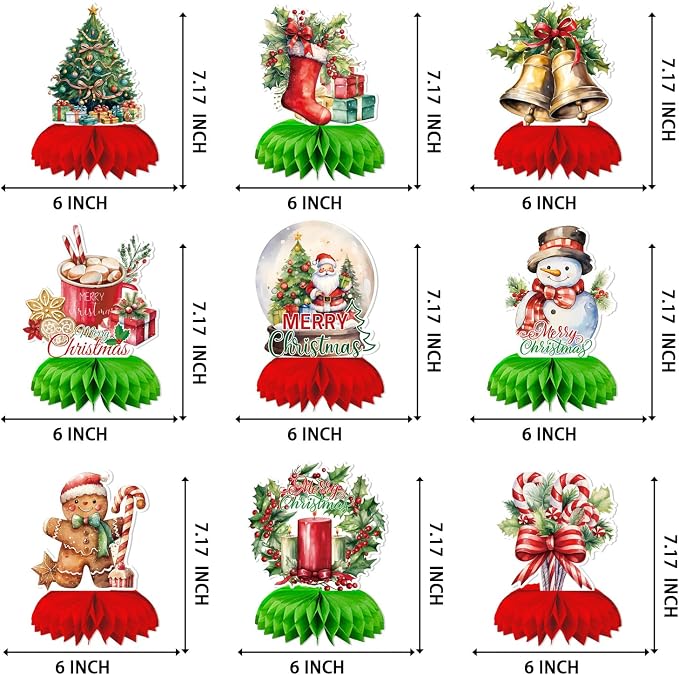 Christmas Party Centerpieces,9Pcs Christmas Honeycomb Centerpieces for Table,3D Vintage Xmas Table Decorations with Santa Claus,Christmas Tree,Snowman for Holiday Christmas Party Supplies